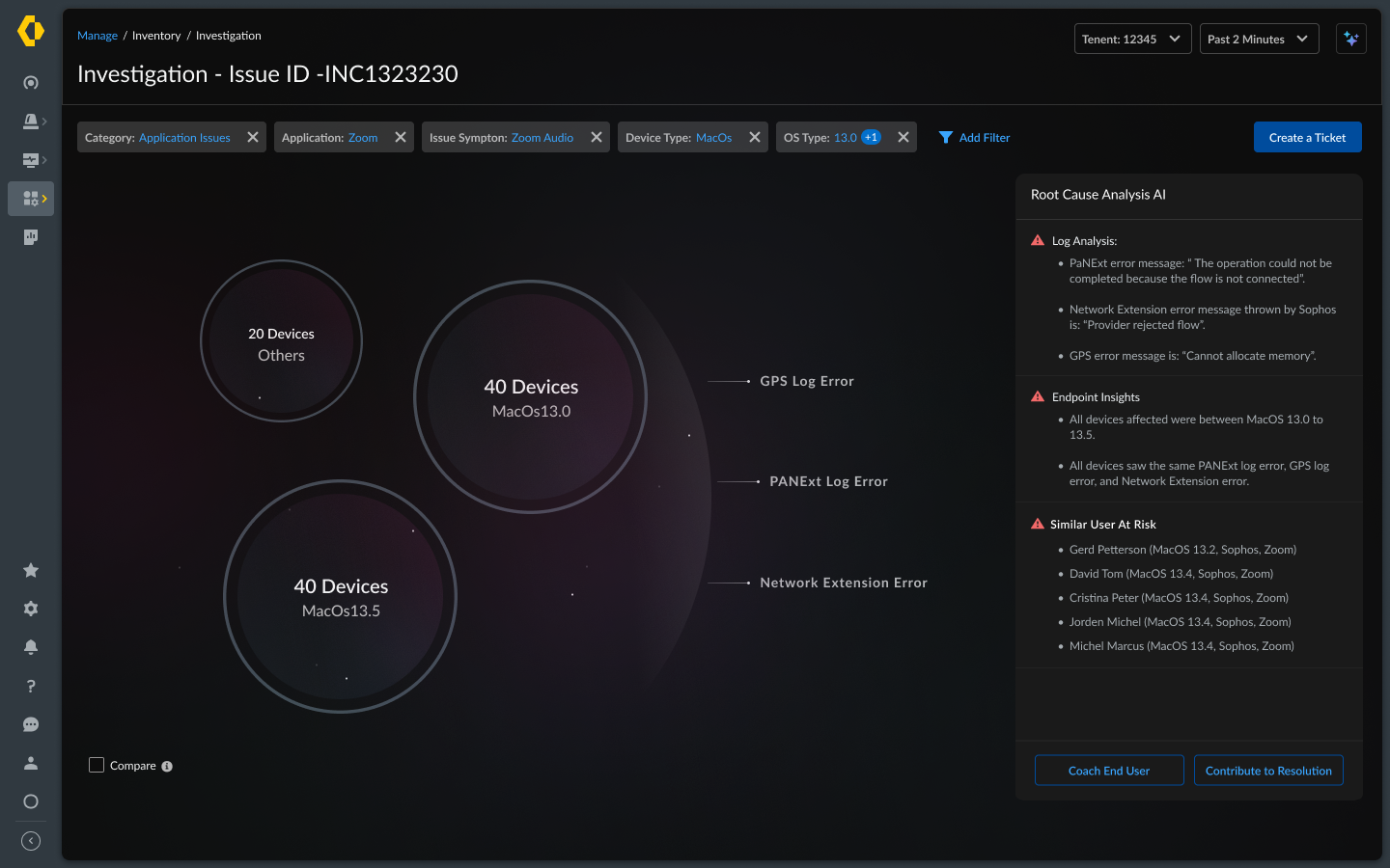 Investigation view for an incident with root cause analysis panel