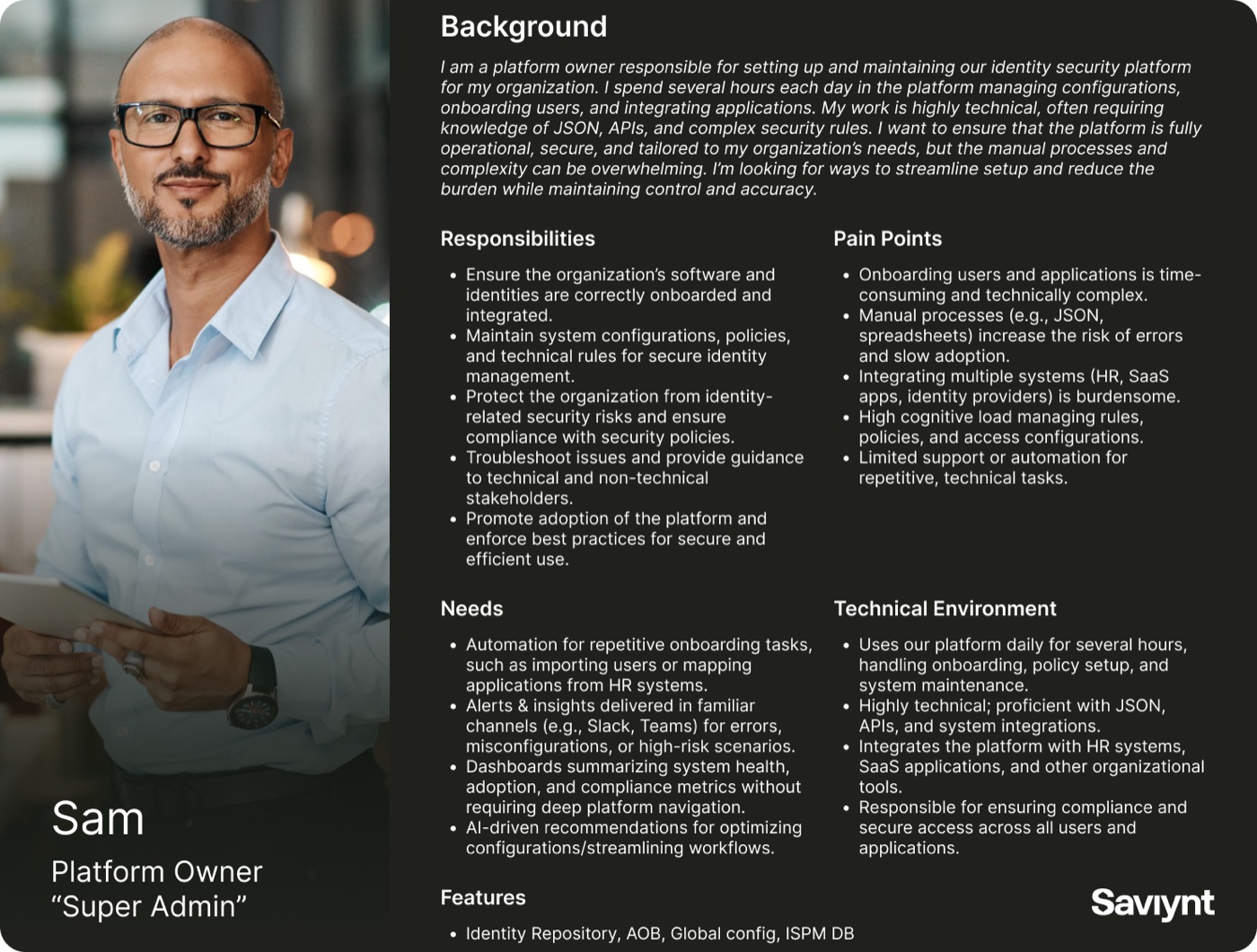 Persona card for Sam, Platform Owner: background, responsibilities, pain points, needs and technical environment