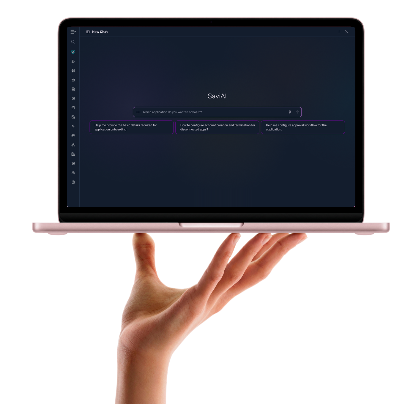 SaviAI application onboarding assistant shown on a laptop